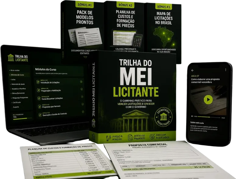 Kit da Trilha do MEI Licitante: curso, bônus, notebook e celular